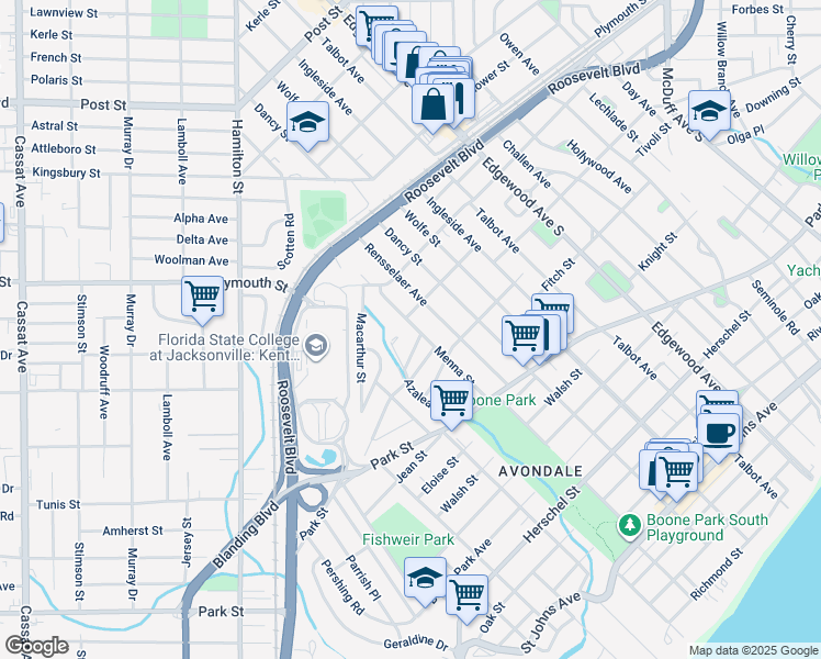map of restaurants, bars, coffee shops, grocery stores, and more near 1310 Menna Street in Jacksonville