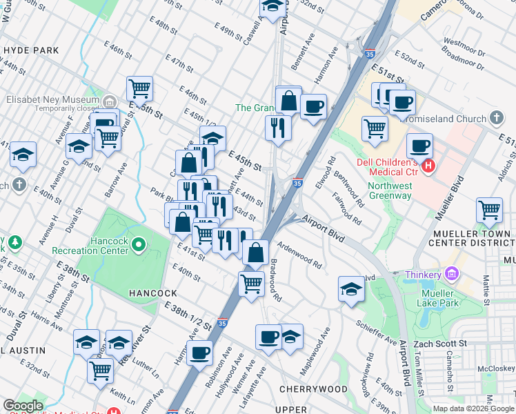 map of restaurants, bars, coffee shops, grocery stores, and more near 1035 East 44th Street in Austin