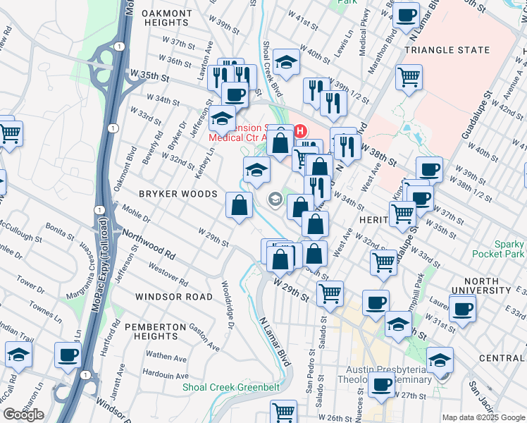 map of restaurants, bars, coffee shops, grocery stores, and more near 1113 West 31st Street in Austin