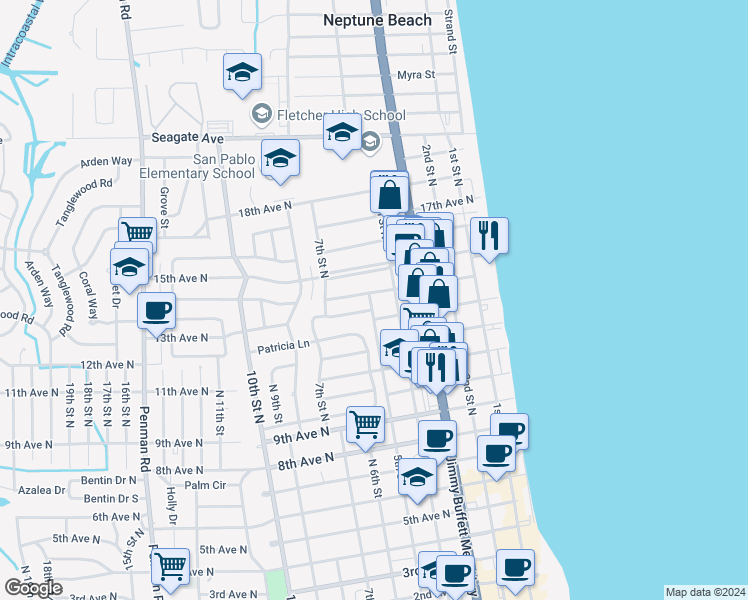 map of restaurants, bars, coffee shops, grocery stores, and more near 432 14th Avenue North in Jacksonville Beach