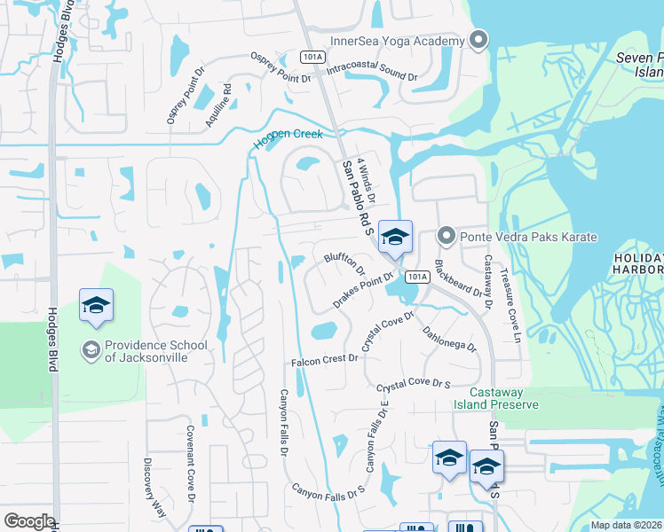map of restaurants, bars, coffee shops, grocery stores, and more near 2430 Footbridge Lane in Jacksonville