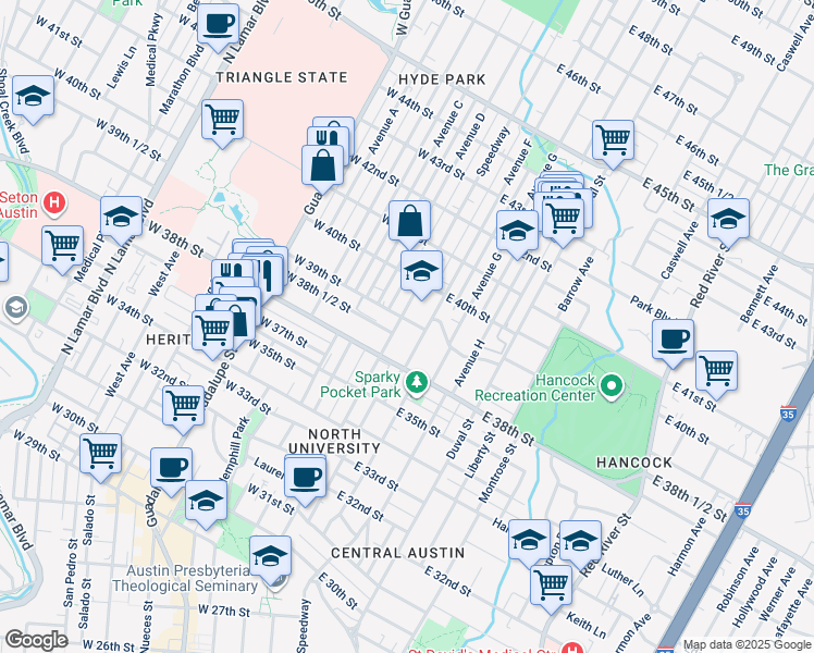 map of restaurants, bars, coffee shops, grocery stores, and more near 3815 Speedway in Austin