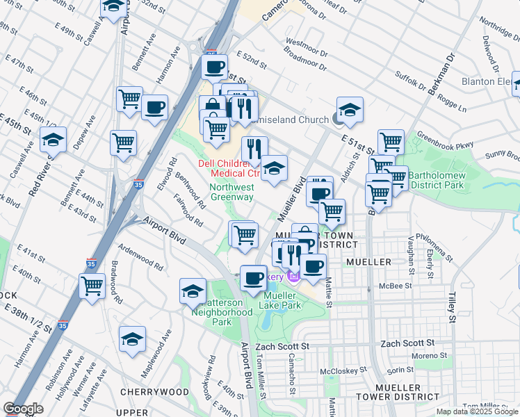 map of restaurants, bars, coffee shops, grocery stores, and more near 1345 Philomena Street in Austin