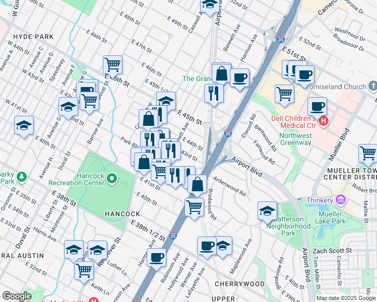 map of restaurants, bars, coffee shops, grocery stores, and more near 1026 East 43rd Street in Austin