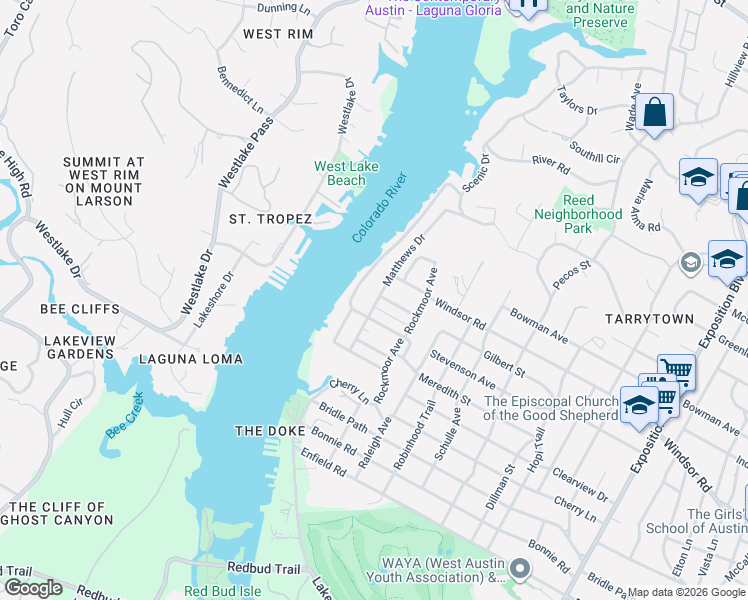 map of restaurants, bars, coffee shops, grocery stores, and more near 2106 Matthews Drive in Austin
