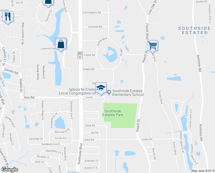 map of restaurants, bars, coffee shops, grocery stores, and more near 9784 Halsey Road in Jacksonville