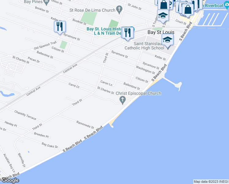 map of restaurants, bars, coffee shops, grocery stores, and more near 121 Saint Charles Street in Bay St. Louis
