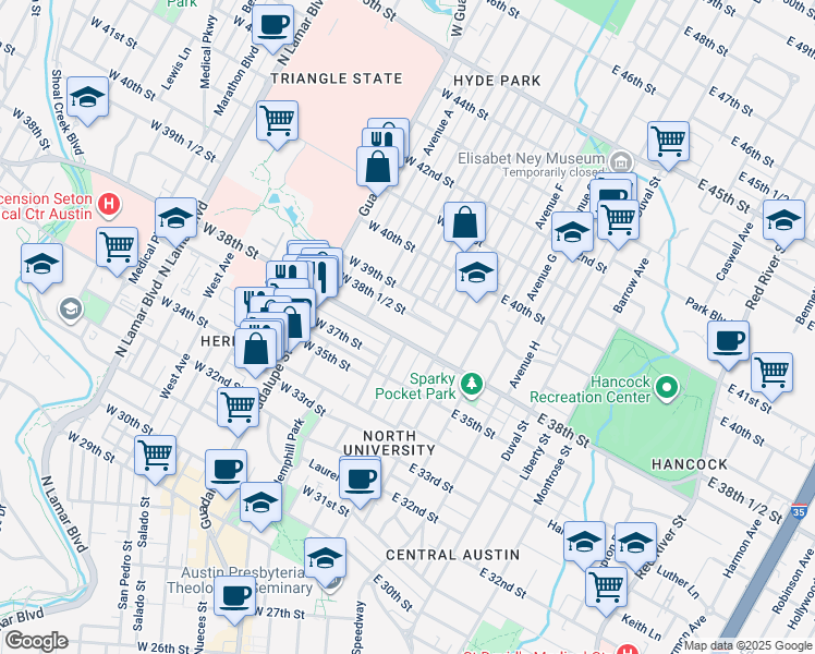 map of restaurants, bars, coffee shops, grocery stores, and more near 206 West 38th Street in Austin