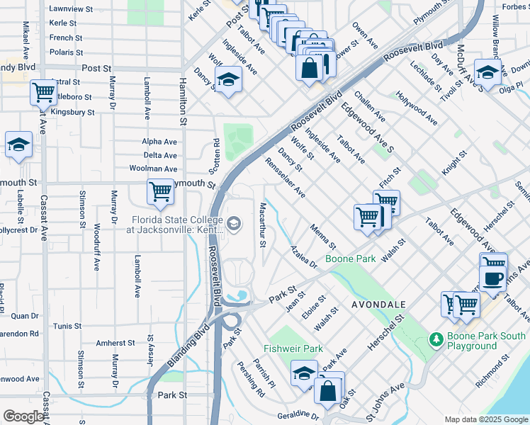 map of restaurants, bars, coffee shops, grocery stores, and more near 1291 Macarthur St in Jacksonville