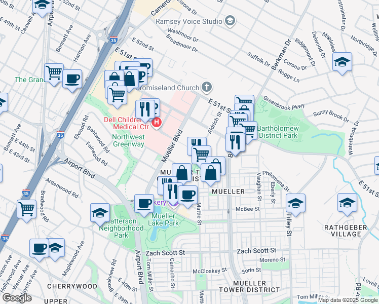 map of restaurants, bars, coffee shops, grocery stores, and more near 2200 Aldrich Street in Austin