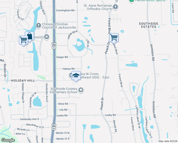 map of restaurants, bars, coffee shops, grocery stores, and more near 2371 Hilltop Boulevard in Jacksonville