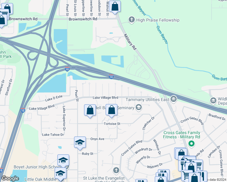 map of restaurants, bars, coffee shops, grocery stores, and more near 807 North Lake Washington Court in Slidell