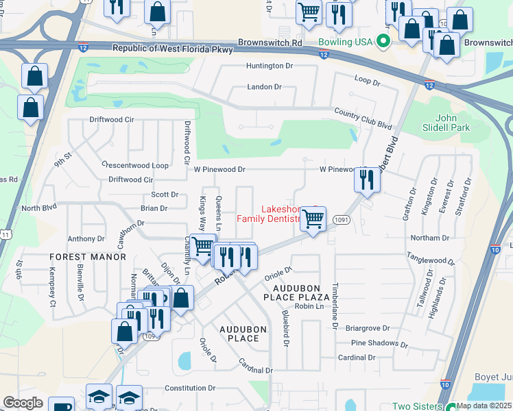 map of restaurants, bars, coffee shops, grocery stores, and more near 112 Nottingham Drive in Slidell