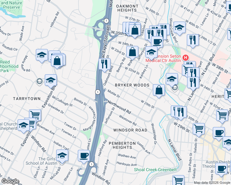 map of restaurants, bars, coffee shops, grocery stores, and more near 1706 Mohle Drive in Austin