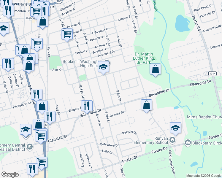 map of restaurants, bars, coffee shops, grocery stores, and more near 1027 Booker T Washington Street in Conroe