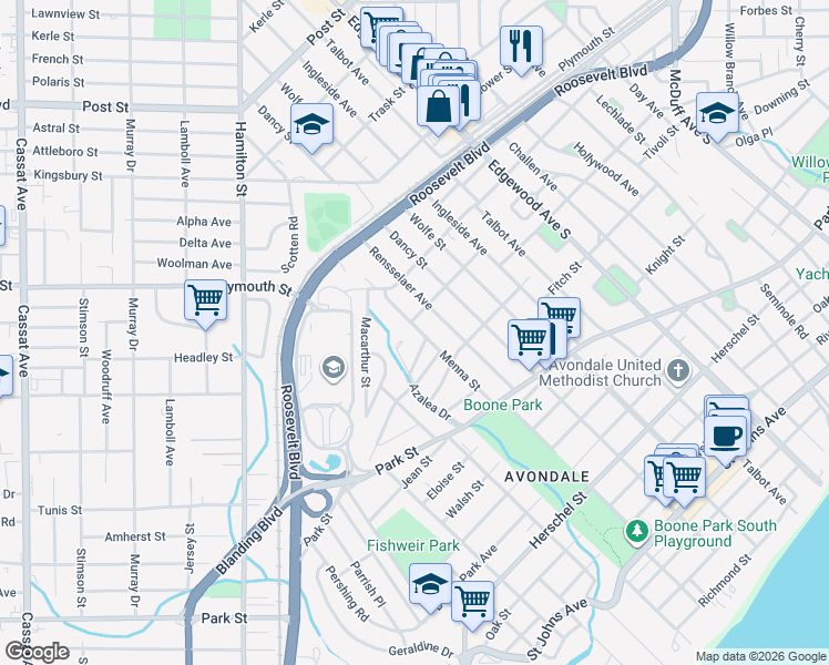 map of restaurants, bars, coffee shops, grocery stores, and more near 1310 Menna Street in Jacksonville