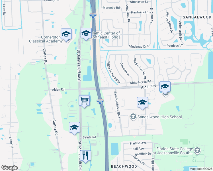 map of restaurants, bars, coffee shops, grocery stores, and more near 2530 Whispering Woods Boulevard in Jacksonville