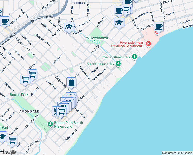map of restaurants, bars, coffee shops, grocery stores, and more near 3206 Riverside Avenue in Jacksonville