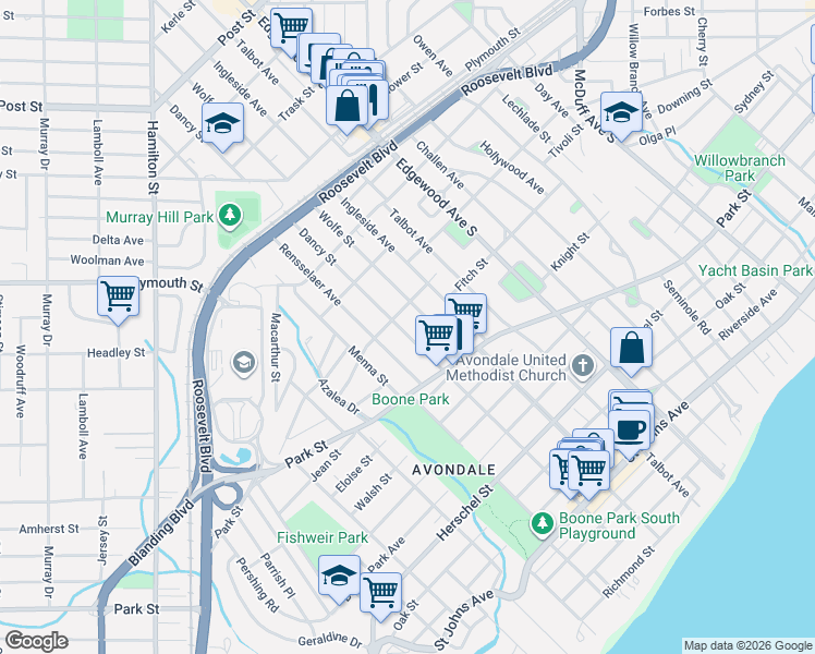 map of restaurants, bars, coffee shops, grocery stores, and more near 1380 Dancy Street in Jacksonville