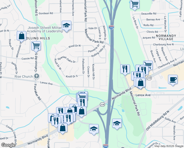map of restaurants, bars, coffee shops, grocery stores, and more near 1192 Knobb Hill Drive in Jacksonville