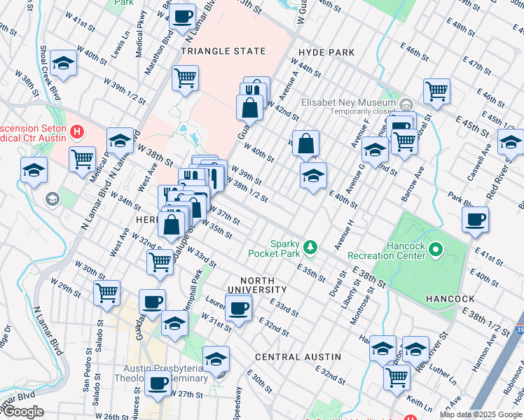 map of restaurants, bars, coffee shops, grocery stores, and more near 305 West 38th Street in Austin