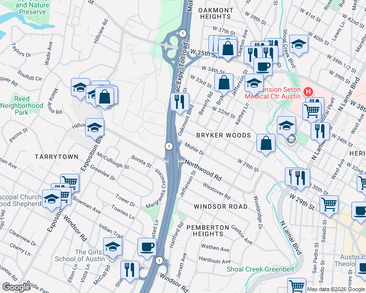 map of restaurants, bars, coffee shops, grocery stores, and more near 2807 Oakmont Boulevard in Austin