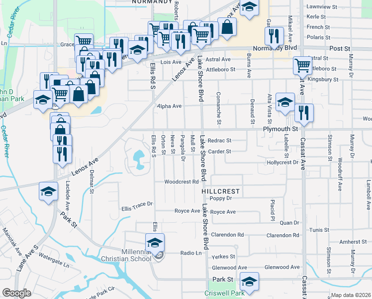 map of restaurants, bars, coffee shops, grocery stores, and more near 5511 Carder Street in Jacksonville