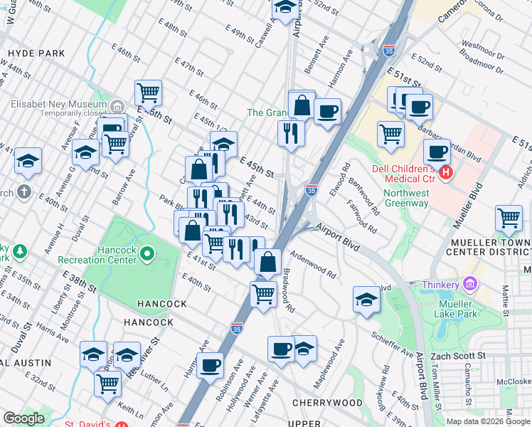 map of restaurants, bars, coffee shops, grocery stores, and more near 1026 East 43rd Street in Austin