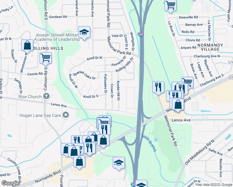 map of restaurants, bars, coffee shops, grocery stores, and more near 1192 Knobb Hill Drive in Jacksonville