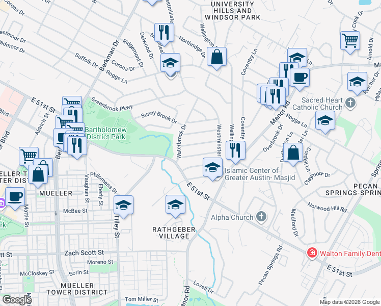 map of restaurants, bars, coffee shops, grocery stores, and more near 5106 Ravensdale Lane in Austin
