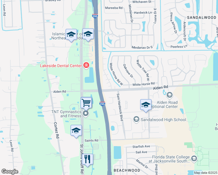 map of restaurants, bars, coffee shops, grocery stores, and more near 2530 Whispering Woods Boulevard in Jacksonville