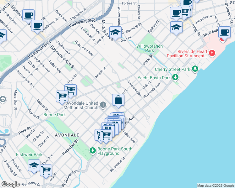map of restaurants, bars, coffee shops, grocery stores, and more near 1548 Robinson Avenue in Jacksonville