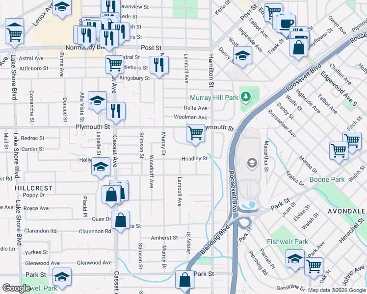 map of restaurants, bars, coffee shops, grocery stores, and more near 1240 Glen Laura Road in Jacksonville