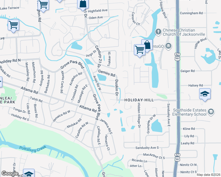 map of restaurants, bars, coffee shops, grocery stores, and more near 8442 Spicewood Drive in Jacksonville