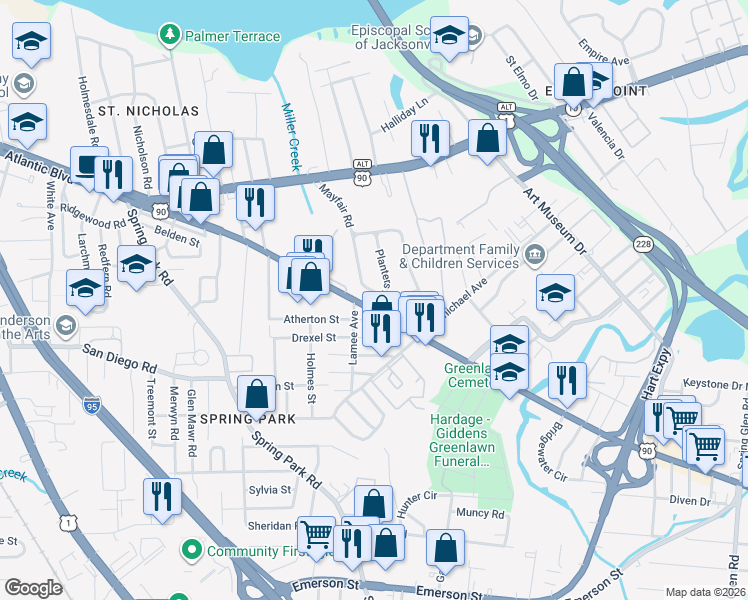 map of restaurants, bars, coffee shops, grocery stores, and more near 1804 Mayfair Road in Jacksonville