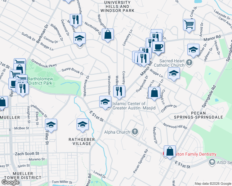 map of restaurants, bars, coffee shops, grocery stores, and more near 5306 Wellington Drive in Austin