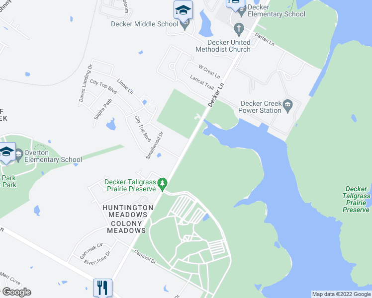 map of restaurants, bars, coffee shops, grocery stores, and more near 7620 1/2 Decker Lane in Austin