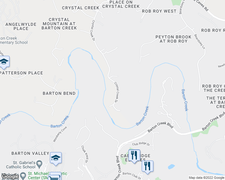 map of restaurants, bars, coffee shops, grocery stores, and more near 1100 Crystal Creek Drive in Austin