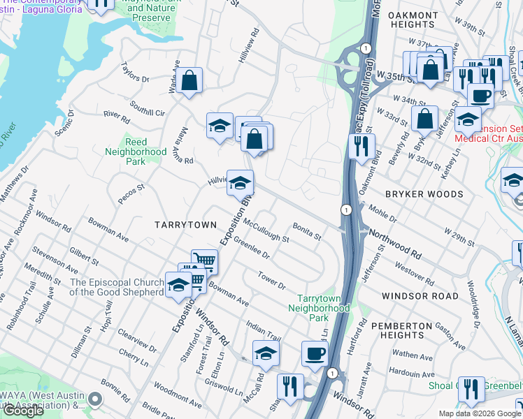 map of restaurants, bars, coffee shops, grocery stores, and more near 2620 Galewood Place in Austin