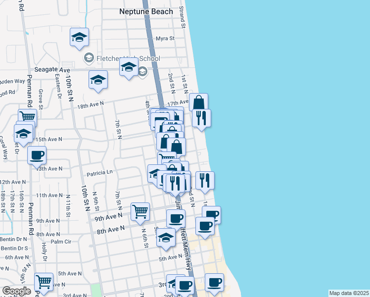 map of restaurants, bars, coffee shops, grocery stores, and more near 131 13th Avenue North in Jacksonville Beach