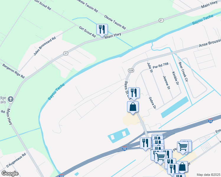 map of restaurants, bars, coffee shops, grocery stores, and more near 2304 Anse Broussard Highway in Breaux Bridge