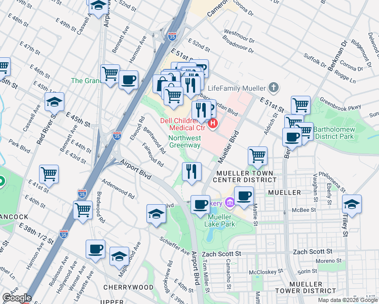 map of restaurants, bars, coffee shops, grocery stores, and more near 1320 Robert Browning Street in Austin