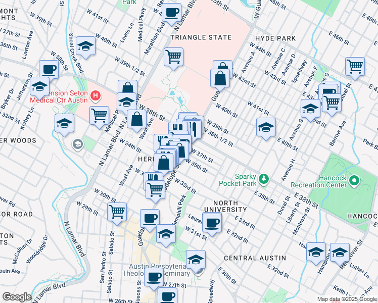 map of restaurants, bars, coffee shops, grocery stores, and more near 509 W 37th St in Austin