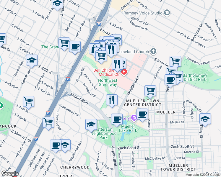 map of restaurants, bars, coffee shops, grocery stores, and more near 1320 Robert Browning Street in Austin