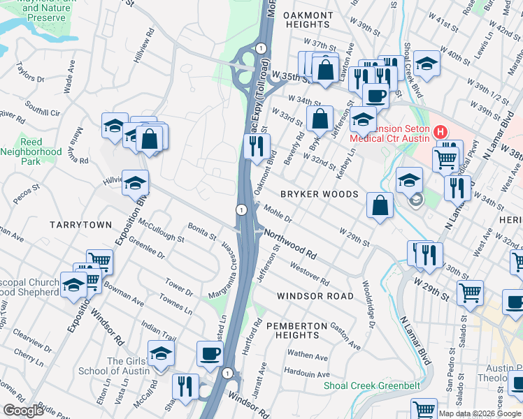 map of restaurants, bars, coffee shops, grocery stores, and more near 2807 Oakmont Boulevard in Austin