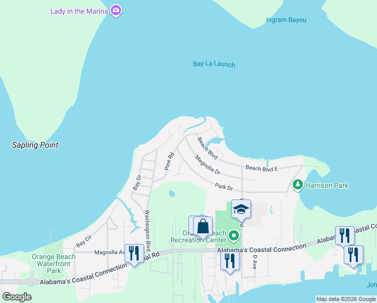 map of restaurants, bars, coffee shops, grocery stores, and more near 5290 Pine Road in Orange Beach