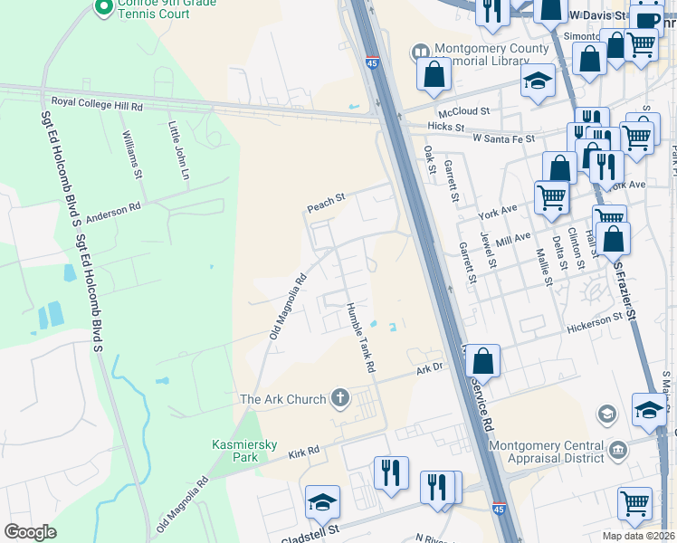 map of restaurants, bars, coffee shops, grocery stores, and more near 330 Humble Tank Road in Conroe