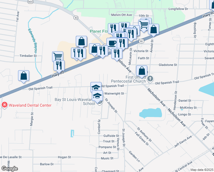 map of restaurants, bars, coffee shops, grocery stores, and more near 100 Cambridge Drive in Waveland