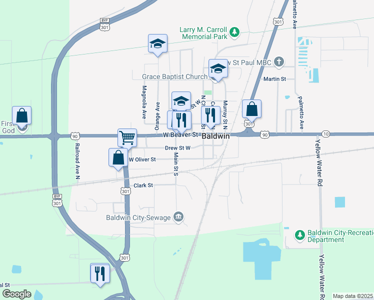 map of restaurants, bars, coffee shops, grocery stores, and more near 230 Drew Street West in Baldwin
