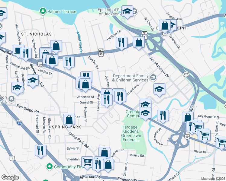 map of restaurants, bars, coffee shops, grocery stores, and more near 3749 Lilly Road North in Jacksonville